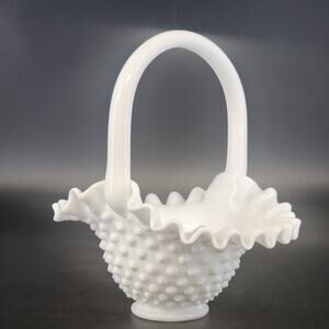 Fenton Hobnail Milk Glass Basket 7" Ruffled Rim White Vintage Art Glass